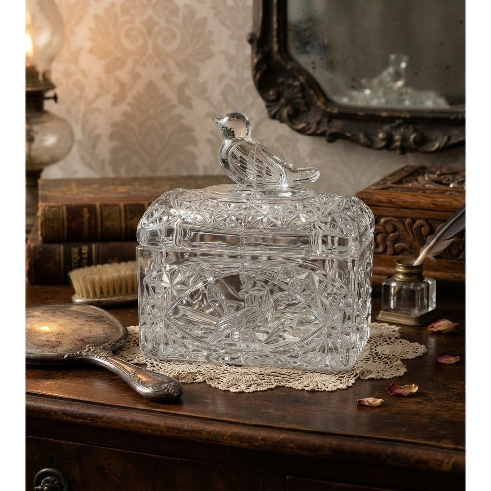 Hofbauer Byrdes Crystal Trinket Box West Germany Bird Finial Jewelry Dish 3in
